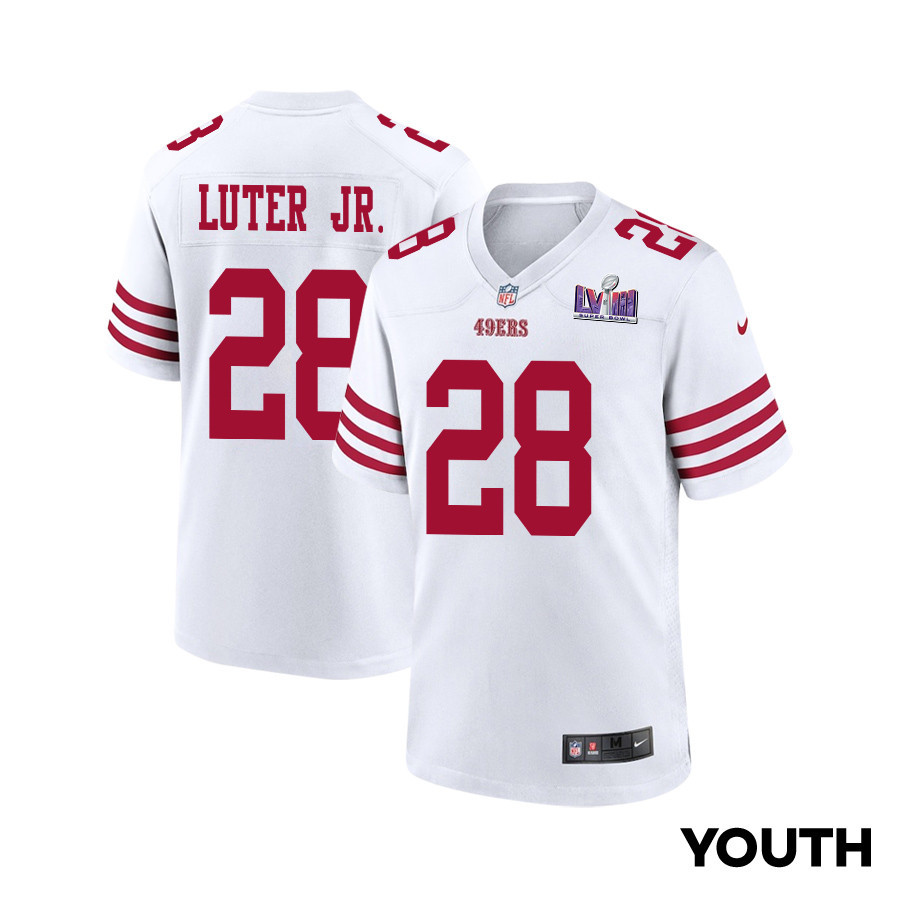 Darrell Luter Jr. 28 San Francisco 49ers Super Bowl LVIII Patch Game White NFL Jersey Youth