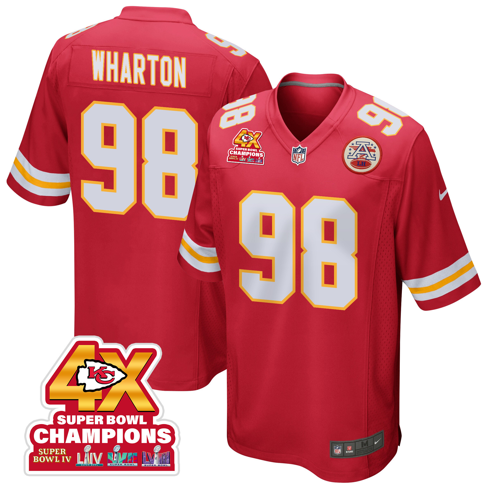 Tershawn Wharton 98 Kansas City Chiefs Super Bowl LVIII Champions 4X Game Red NFL Jersey Men's