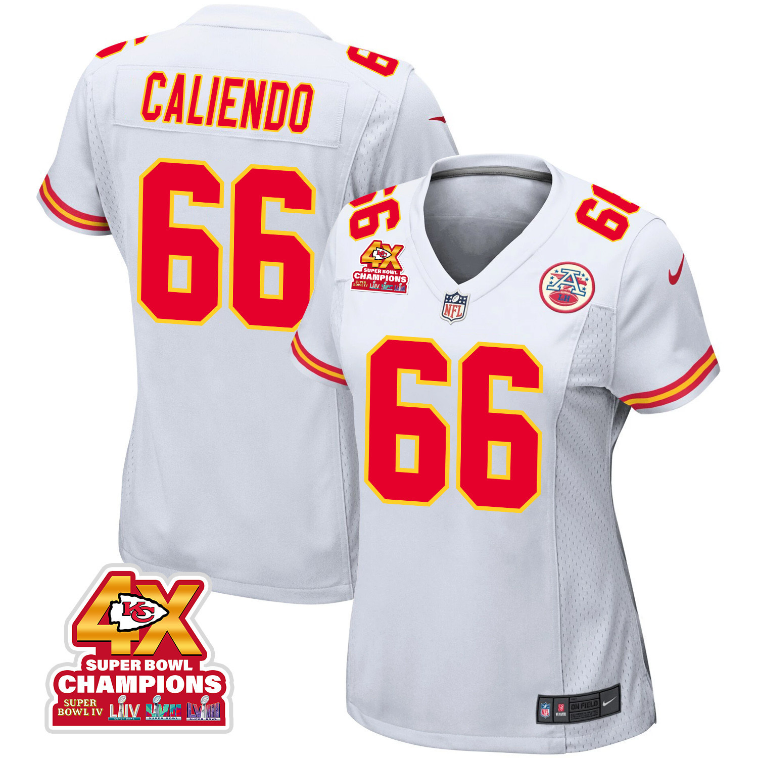 Mike Caliendo 66 Kansas City Chiefs Super Bowl LVIII Champions 4X Game White NFL Jersey Women's