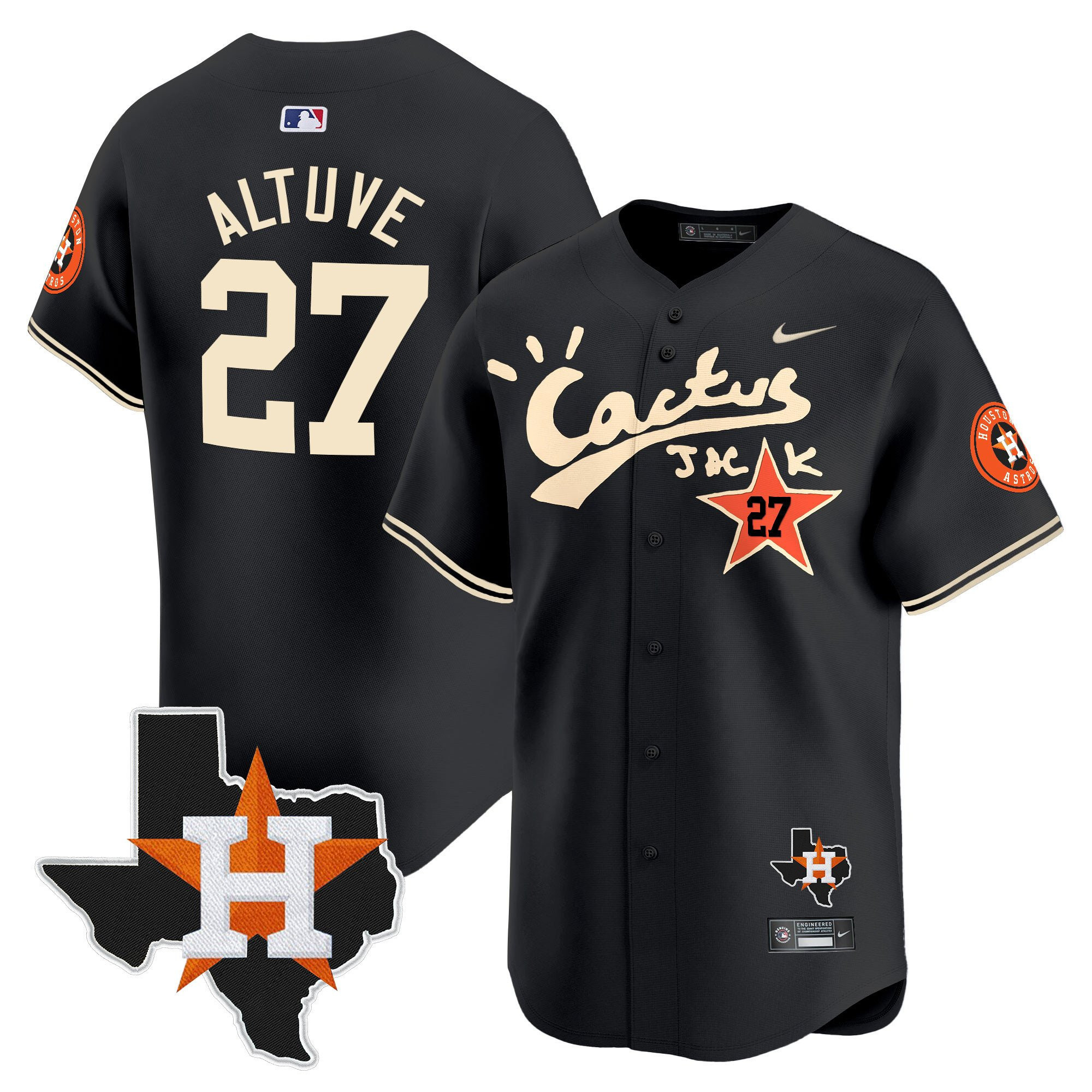 Jose Altuve 27 Houston Astros Cactus Jack Houston Patch Limited Black MLB Jersey Men's