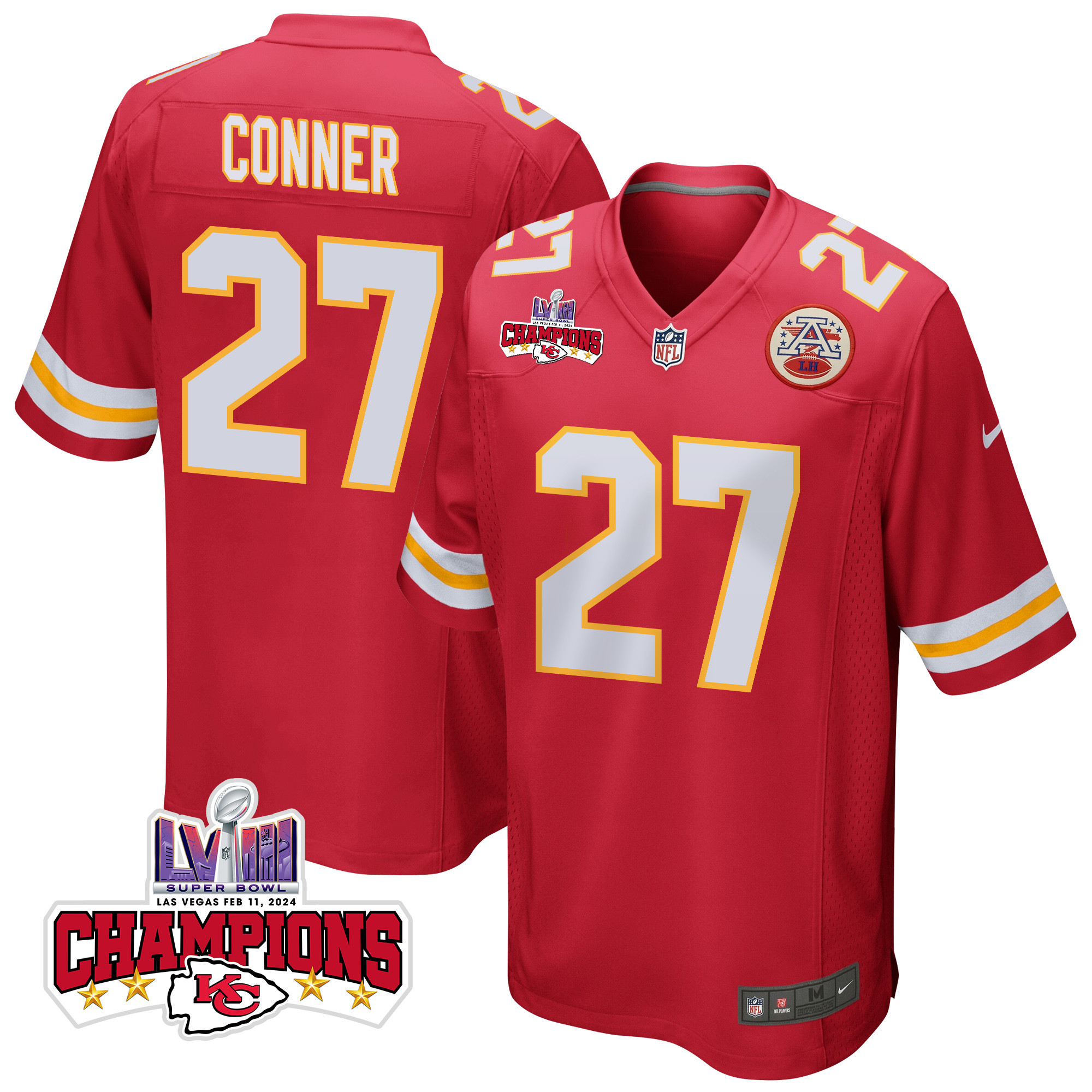 Chamarri Conner 27 Kansas City Chiefs Super Bowl LVIII Champions 4 Stars Patch Game Red NFL Jersey Men's