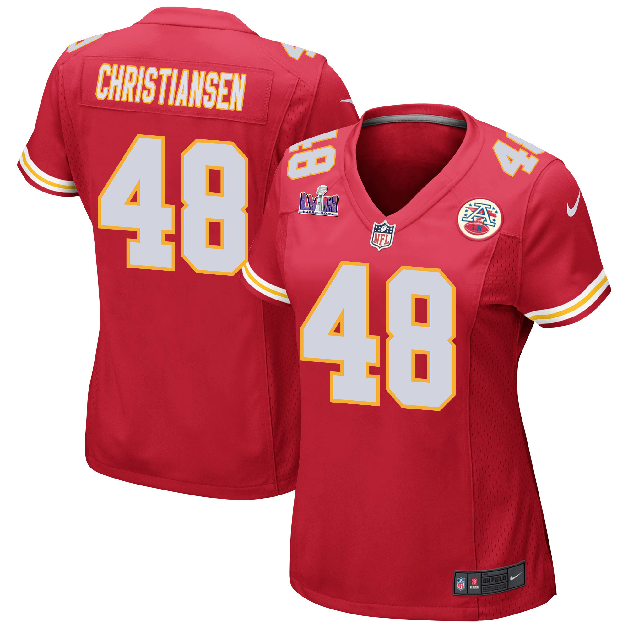 Cole Christiansen 48 Kansas City Chiefs Super Bowl LVIII Patch Game Red NFL Jersey Women's