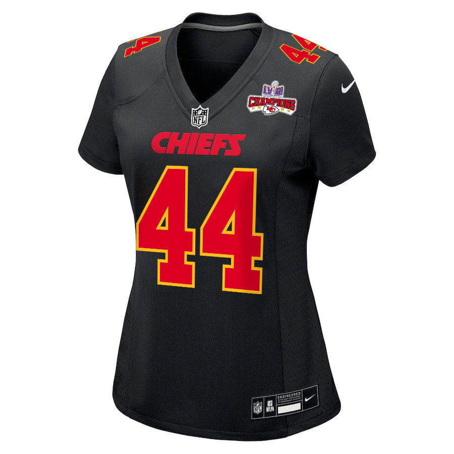 Cam Jones 44 Kansas City Chiefs Super Bowl LVIII Champions 4 Stars Patch Fashion Game Carbon Black NFL Jersey Women's