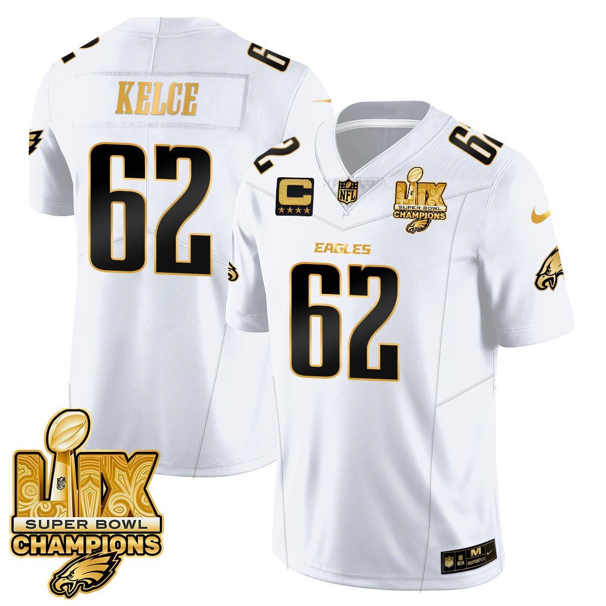 Jason Kelce 62 Philadelphia Eagles Super Bowl LIX Champions Gold Vapor Limited White Gold NFL Jersey Men's