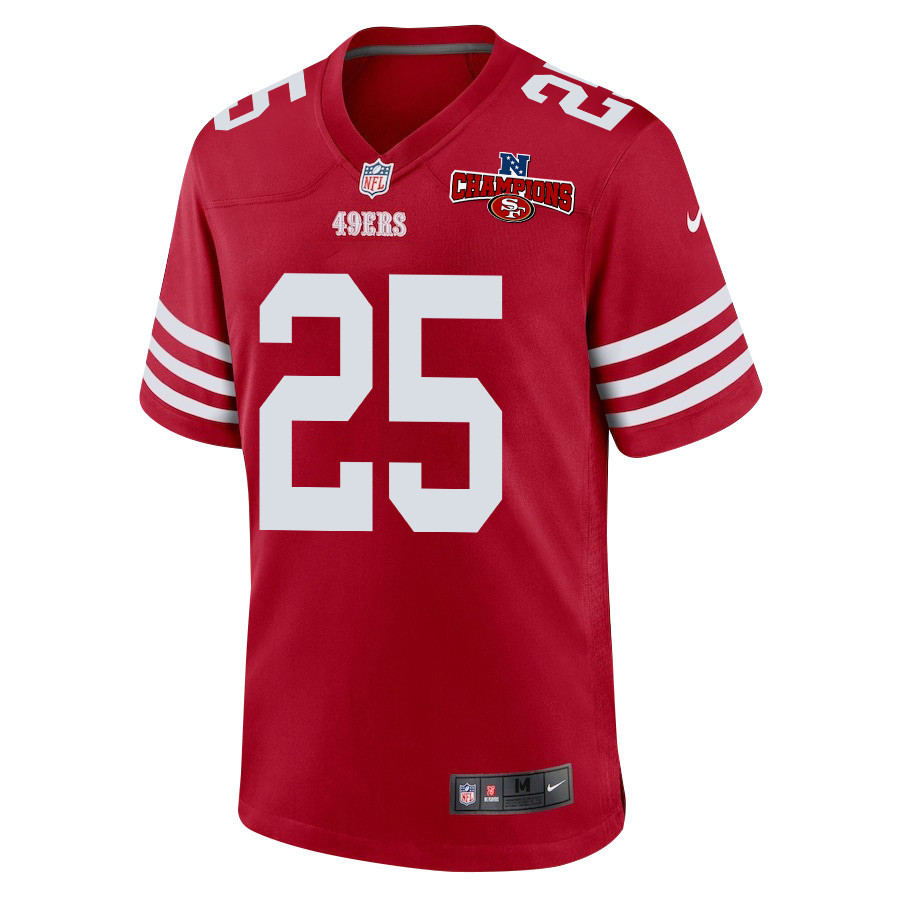 Elijah Mitchell 25 San Francisco 49ers NFC Champions Patch Game Scarlet NFL Jersey Men's