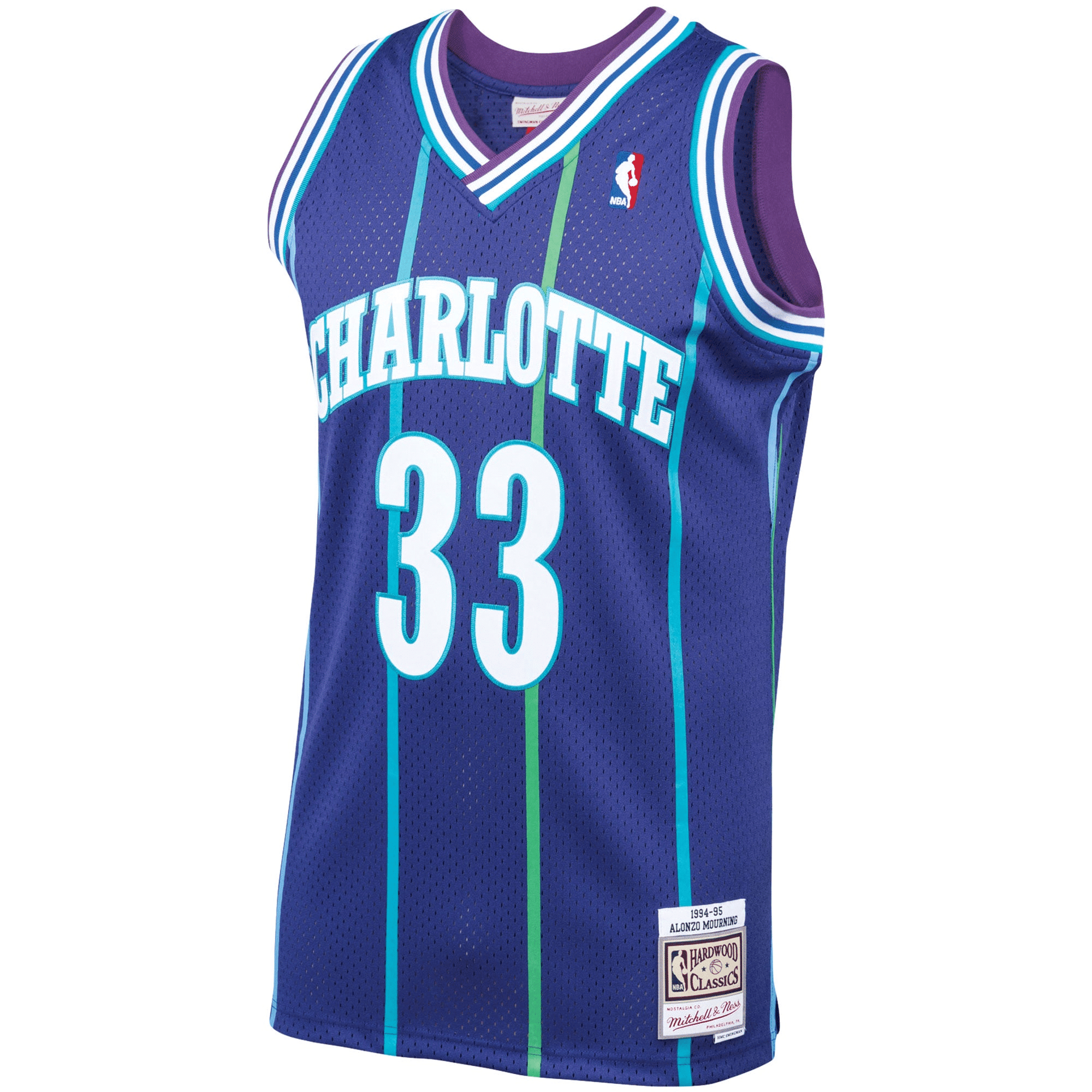 Alonzo Mourning Charlotte Hornets Mitchell Ness 1994-95 Hardwood Classics Swingman Purple NBA Jersey Men's