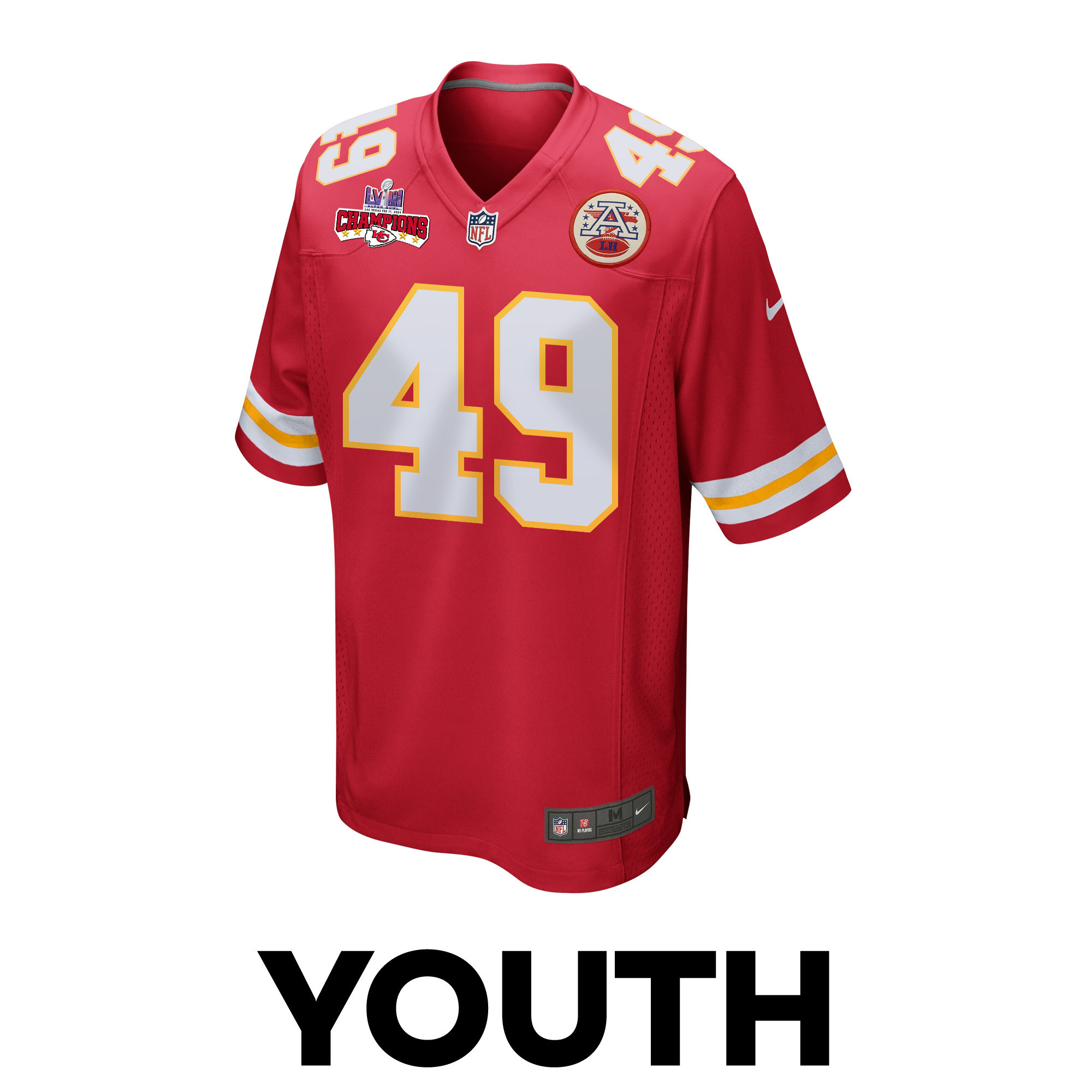 Matt Bushman 49 Kansas City Chiefs Super Bowl LVIII Champions 4 Stars Patch Game Red NFL Jersey Youth