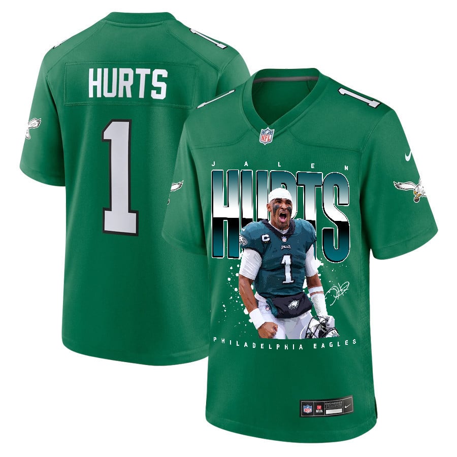 Jalen Hurts 1 Philadelphia Eagles Victory Game Kelly Green NFL Jersey Men's