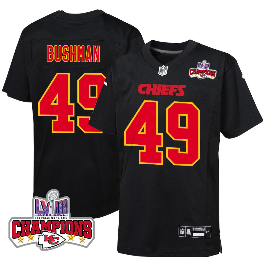 Matt Bushman 49 Kansas City Chiefs Super Bowl LVIII Champions 4 Stars Patch Fashion Game Carbon Black NFL Jersey Youth