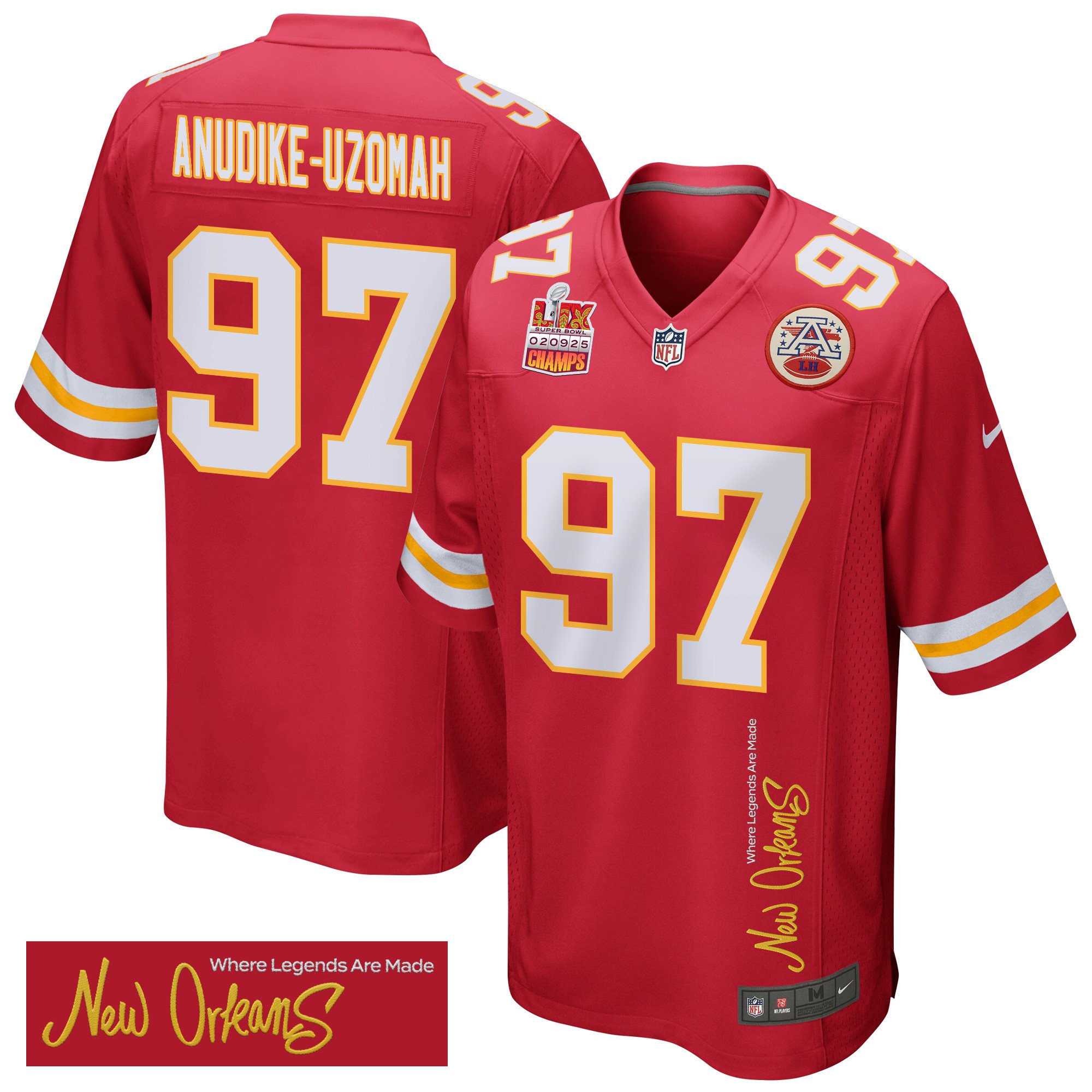 Felix Anudike-Uzomah 97 Kansas City Chiefs Super Bowl LIX Champions Patch New Orleans Where Legends Are Made' EMBROIDERED Game Red NFL Jersey Men's
