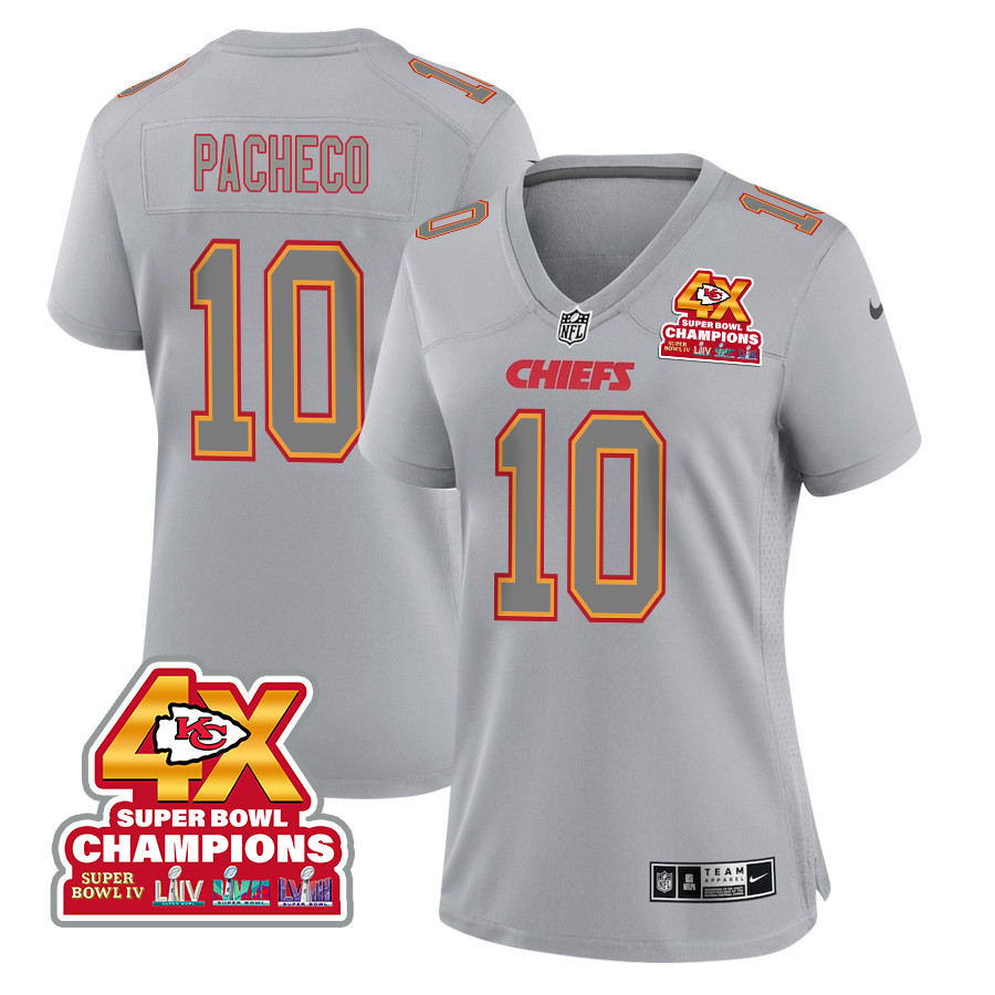 Isiah Pacheco 10 Kansas City Chiefs Super Bowl LVIII Champions 4X Atmosphere Fashion Game Gray NFL Jersey Women's