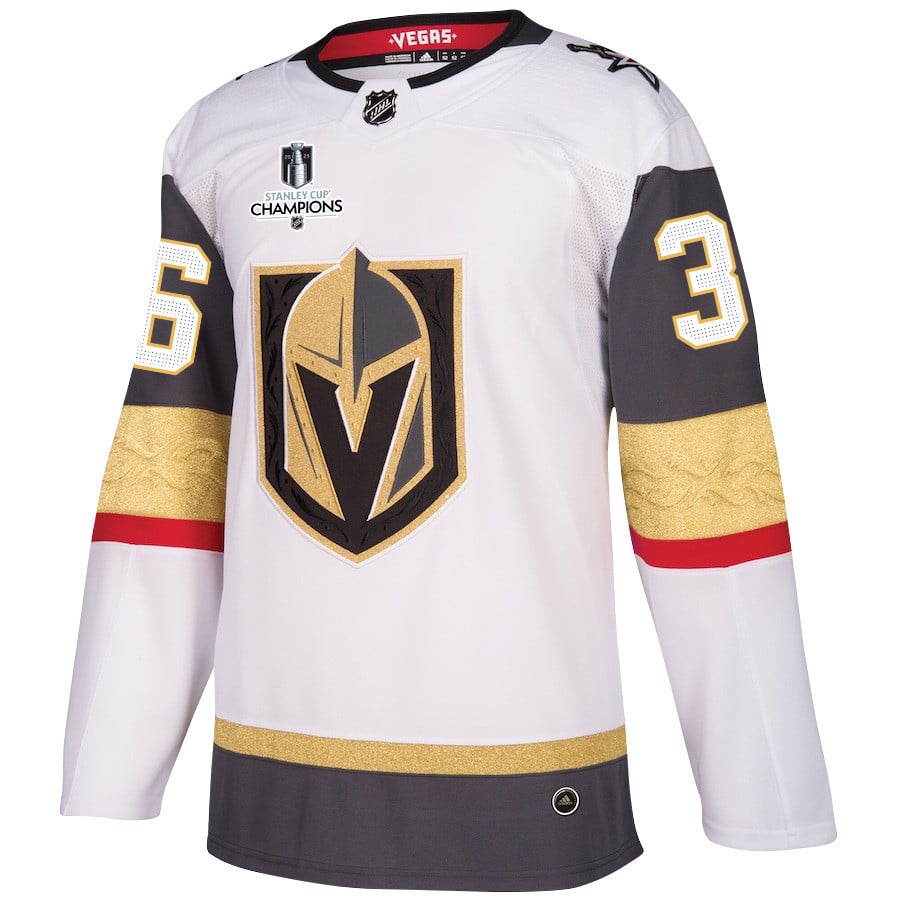 Logan Thompson 36 Vegas Golden Knights Stanley Cup 2023 Champions Patch Away Breakaway White NHL Jersey Men's