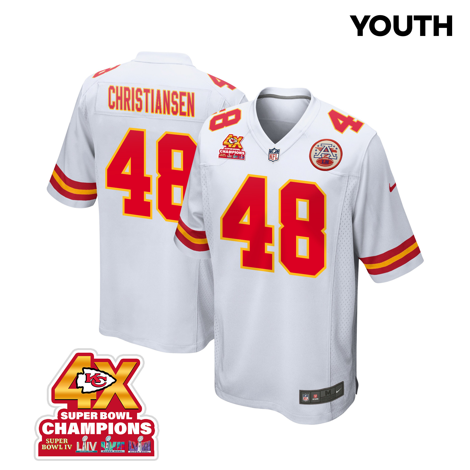 Cole Christiansen 48 Kansas City Chiefs Super Bowl LVIII Champions 4X Game White NFL Jersey Youth