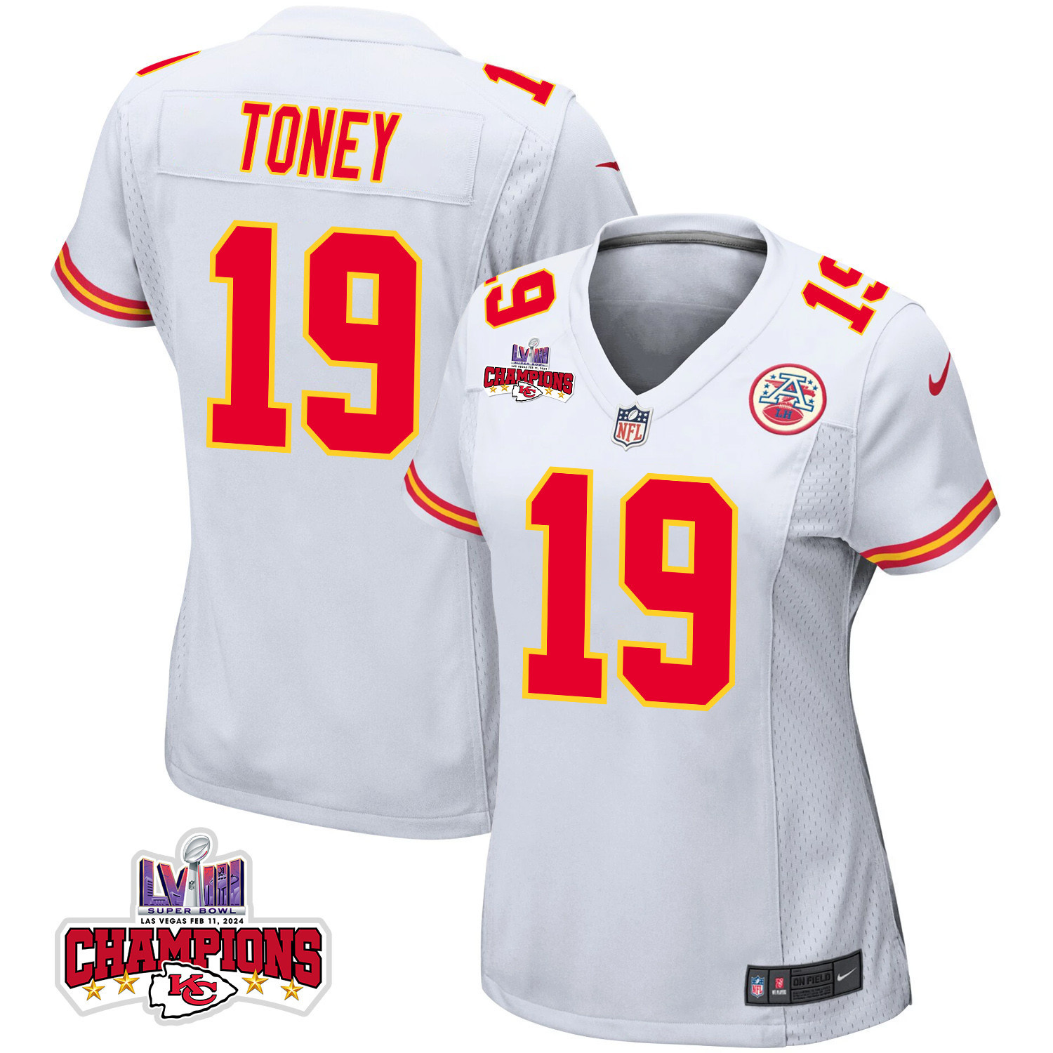Kadarius Toney 19 Kansas City Chiefs Super Bowl LVIII Champions 4 Stars Patch Game White NFL Jersey Women's