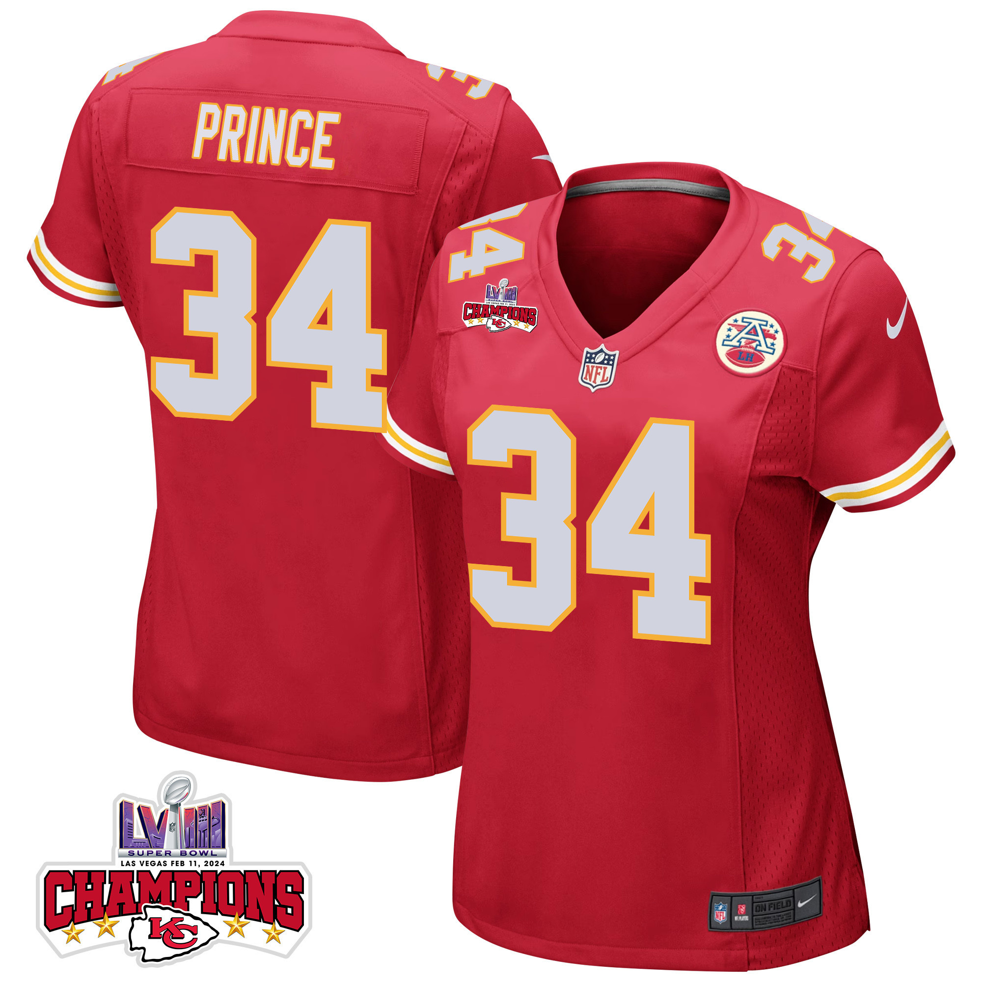 Deneric Prince 34 Kansas City Chiefs Super Bowl LVIII Champions 4 Stars Patch Game Red NFL Jersey Women's