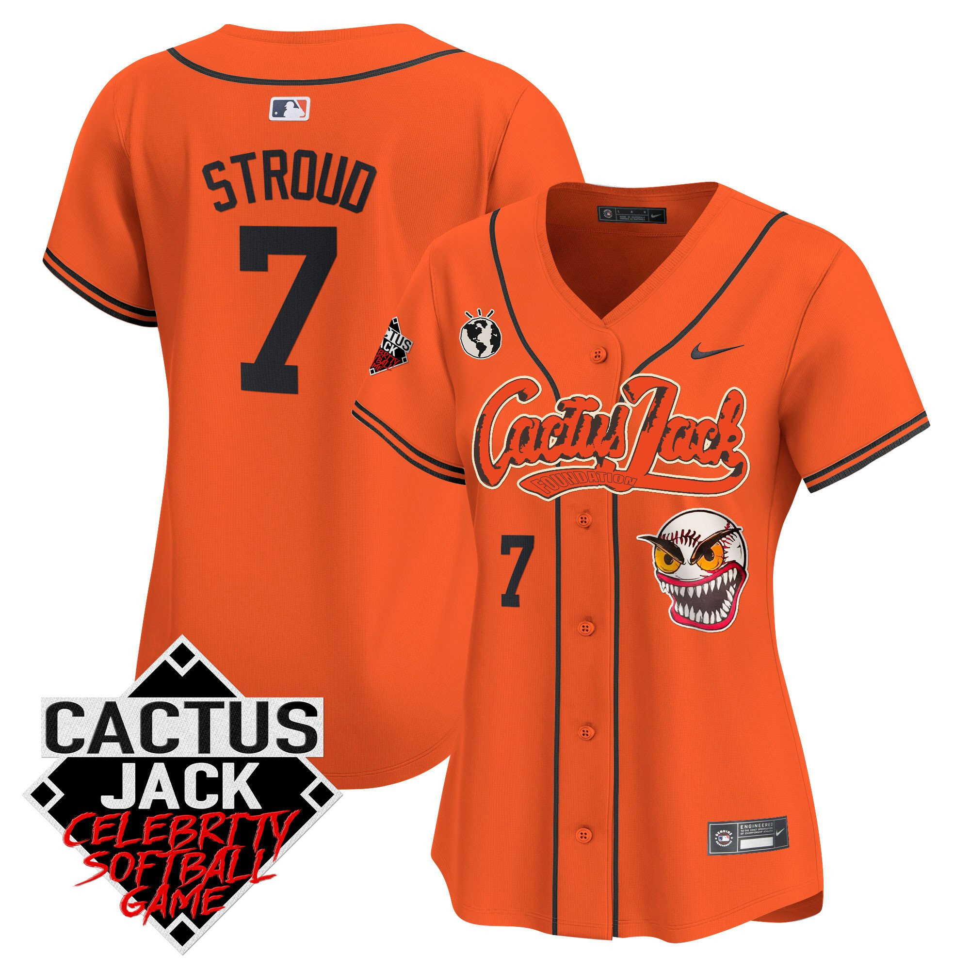 CJ Stroud 7 Houston Astros Cactus Jack Celebrity Softball Game Patch Orange MLB Jersey Women's