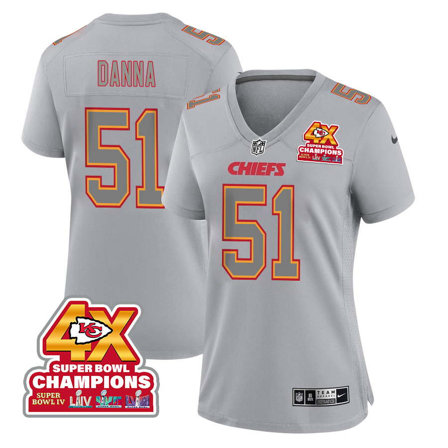 Mike Danna 51 Kansas City Chiefs Super Bowl LVIII Champions 4X Atmosphere Fashion Game Gray NFL Jersey Women's