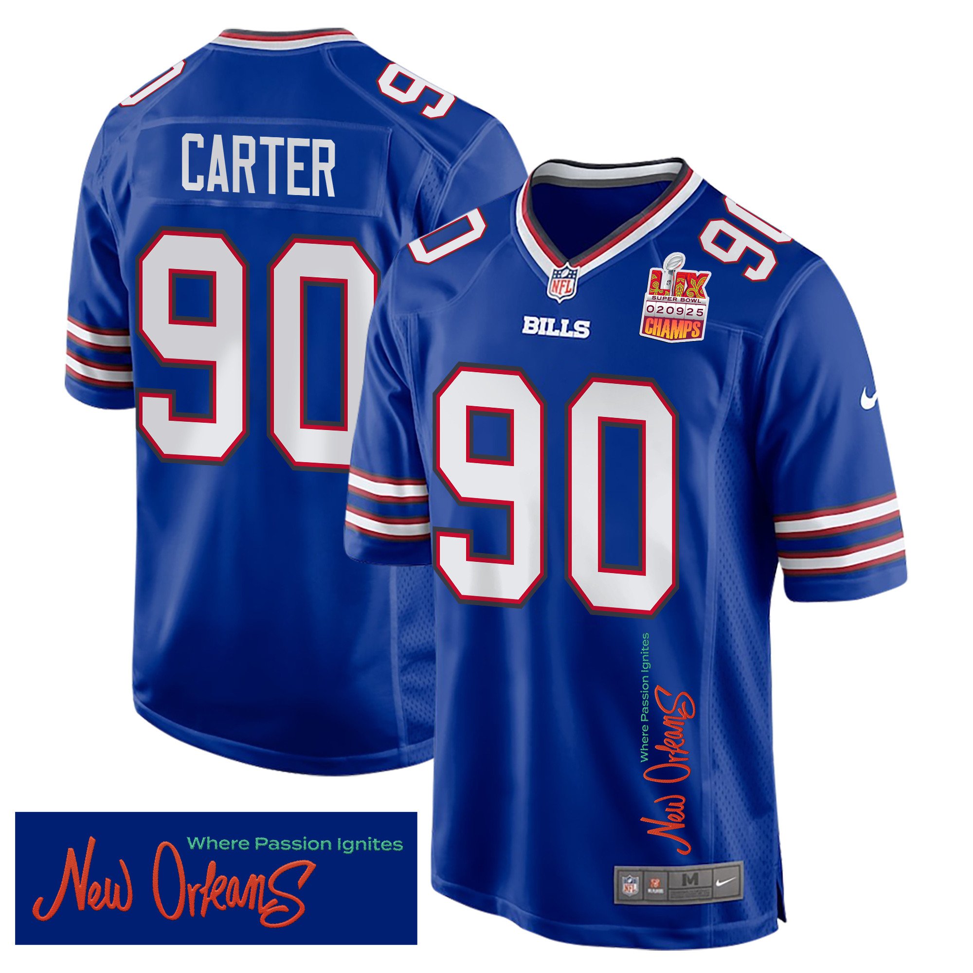 DeWayne Carter 90 Buffalo Bills Super Bowl LIX Champions Patch New Orleans Where Passion Ignites' EMBROIDERED Game Royal NFL Jersey Men's