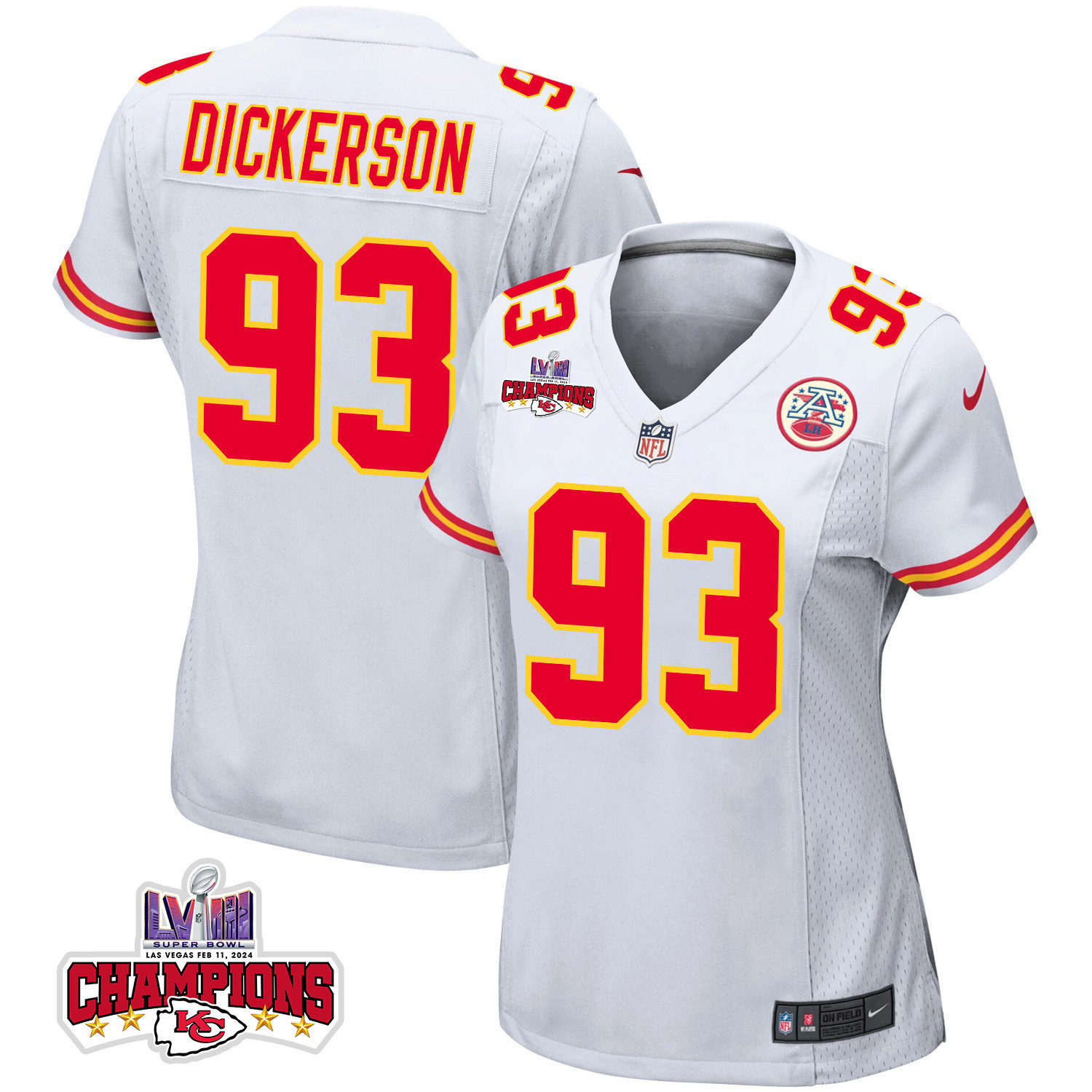 Matt Dickerson 93 Kansas City Chiefs Super Bowl LVIII Champions 4 Stars Patch Game White NFL Jersey Women's