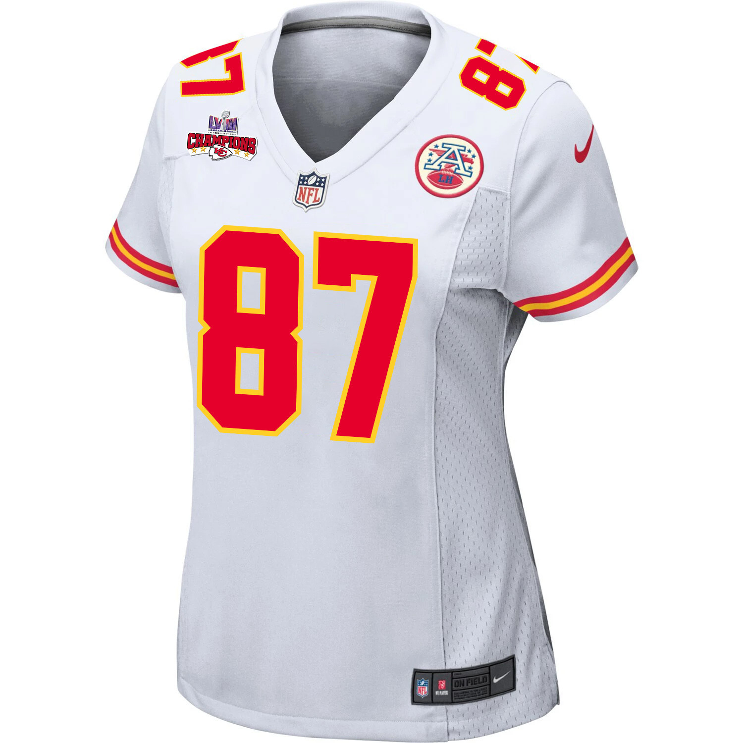 Travis Kelce 87 Kansas City Chiefs Super Bowl LVIII Champions 4 Stars Patch Game White NFL Jersey Women's