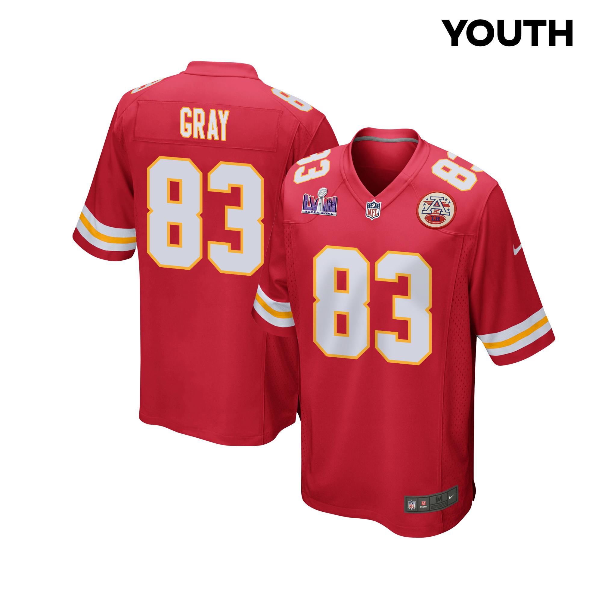 Noah Gray 83 Kansas City Chiefs Super Bowl LVIII Patch Game Red NFL Jersey Youth