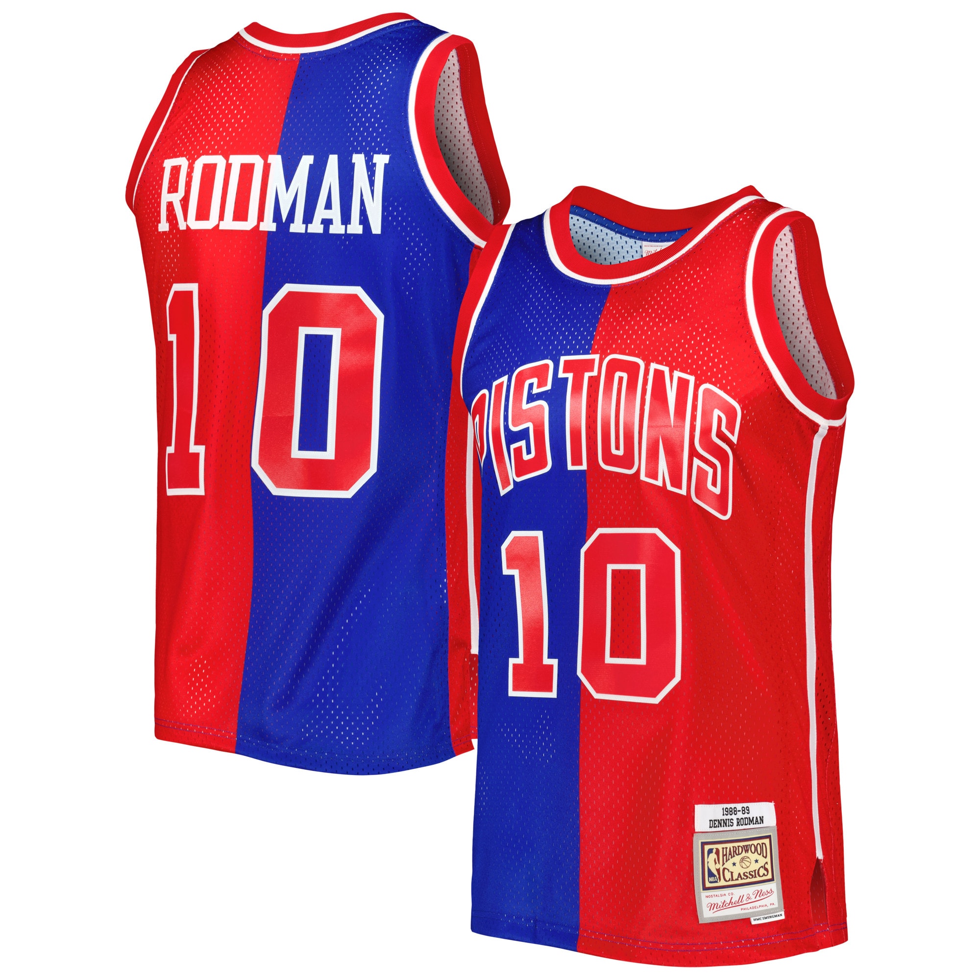 Mitchell Ness Dennis Rodman Blue/Red Detroit Pistons Hardwood Classics 1988/89 Split Swingman NBA Jersey Men's
