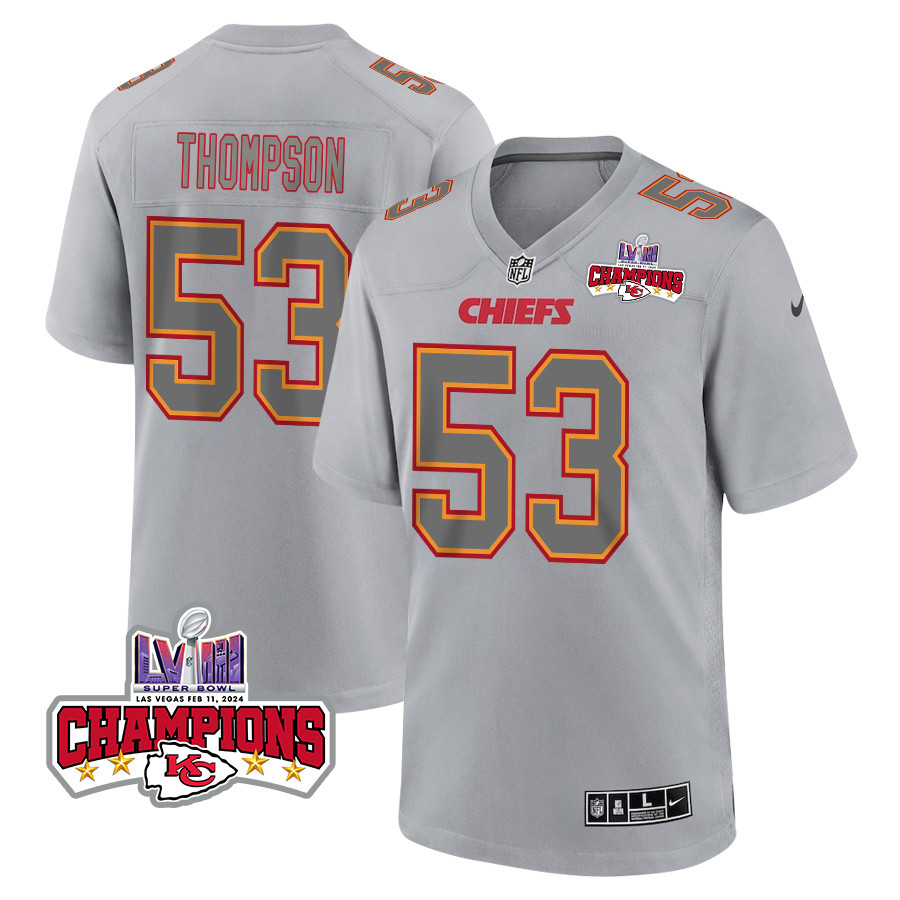 BJ Thompson 53 Kansas City Chiefs Super Bowl LVIII Champions 4 Stars Patch Atmosphere Fashion Game Gray NFL Jersey Men's