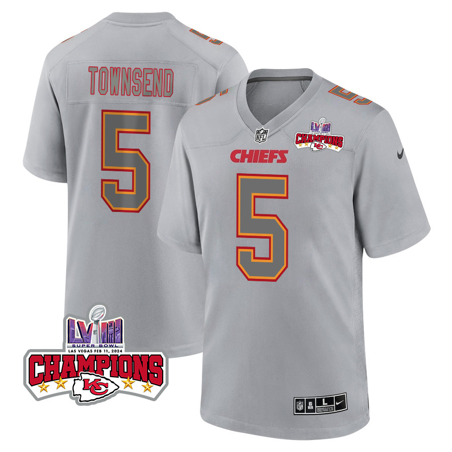 Tommy Townsend 5 Kansas City Chiefs Super Bowl LVIII Champions 4 Stars Patch Atmosphere Fashion Game Gray NFL Jersey Men's