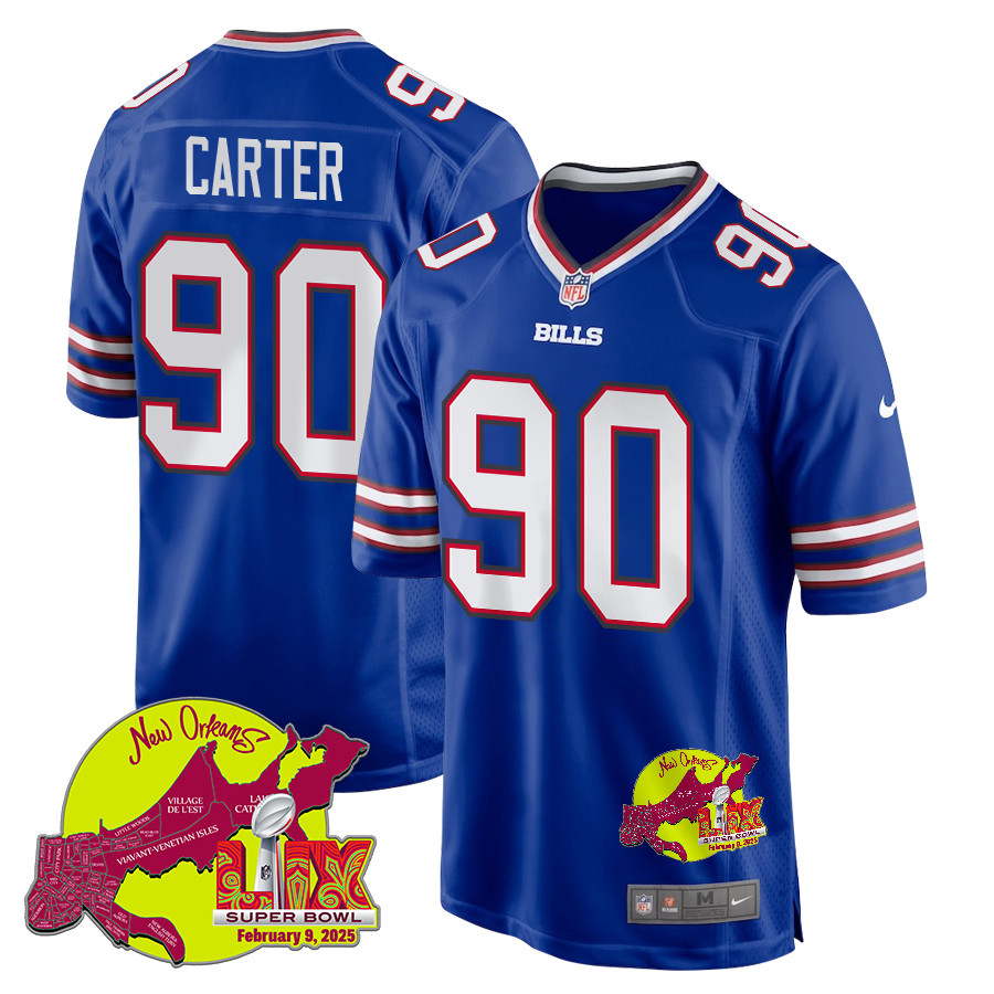 DeWayne Carter 90 Buffalo Bills Super Bowl LIX New Orleans Patch Game Royal NFL Jersey Men's
