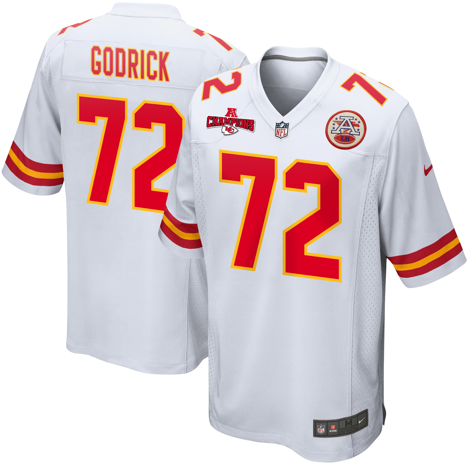 Chukwuebuka Godrick 72 Kansas City Chiefs AFC Champions Patch Game White NFL Jersey Men's
