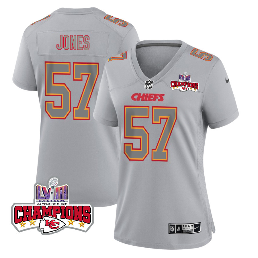 Truman Jones 57 Kansas City Chiefs Super Bowl LVIII Champions 4 Stars Patch Atmosphere Fashion Game Gray NFL Jersey Women's