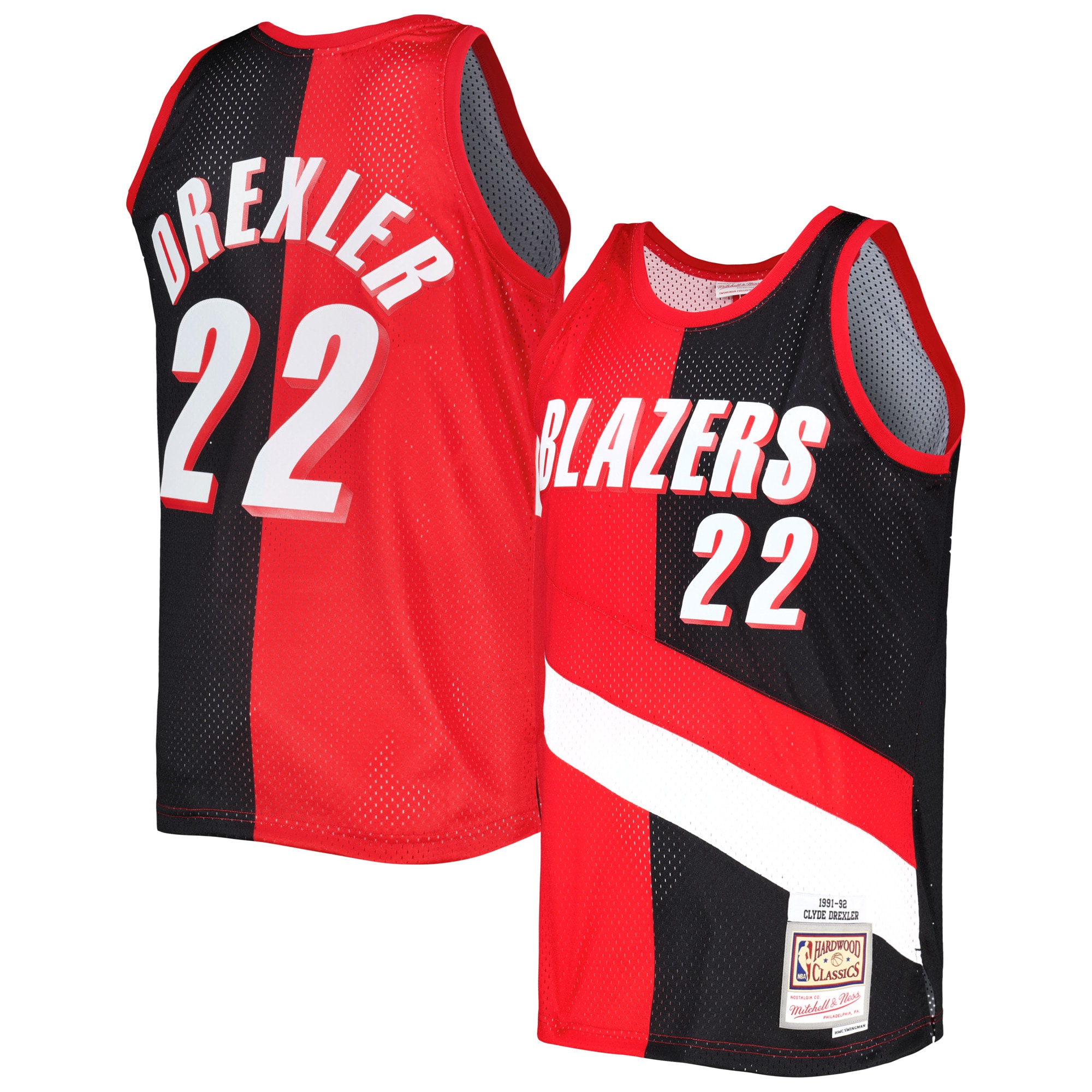Mitchell Ness Clyde Drexler Red/Black Portland Trail Blazers Hardwood Classics 1991/92 Split Swingman NBA Jersey Men's