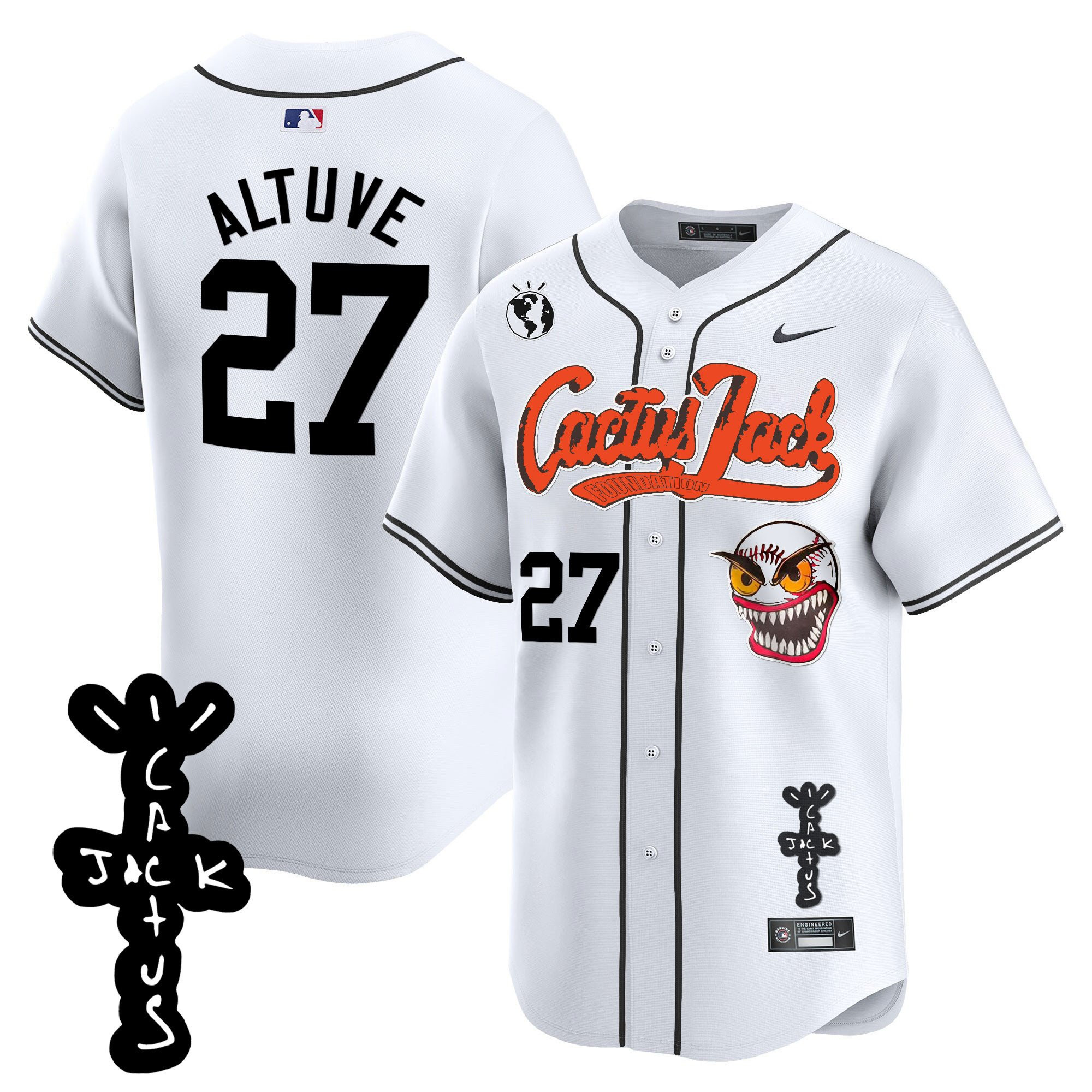 Jose Altuve 27 Houston Astros Cactus Jack Patch V2 White MLB Jersey Men's