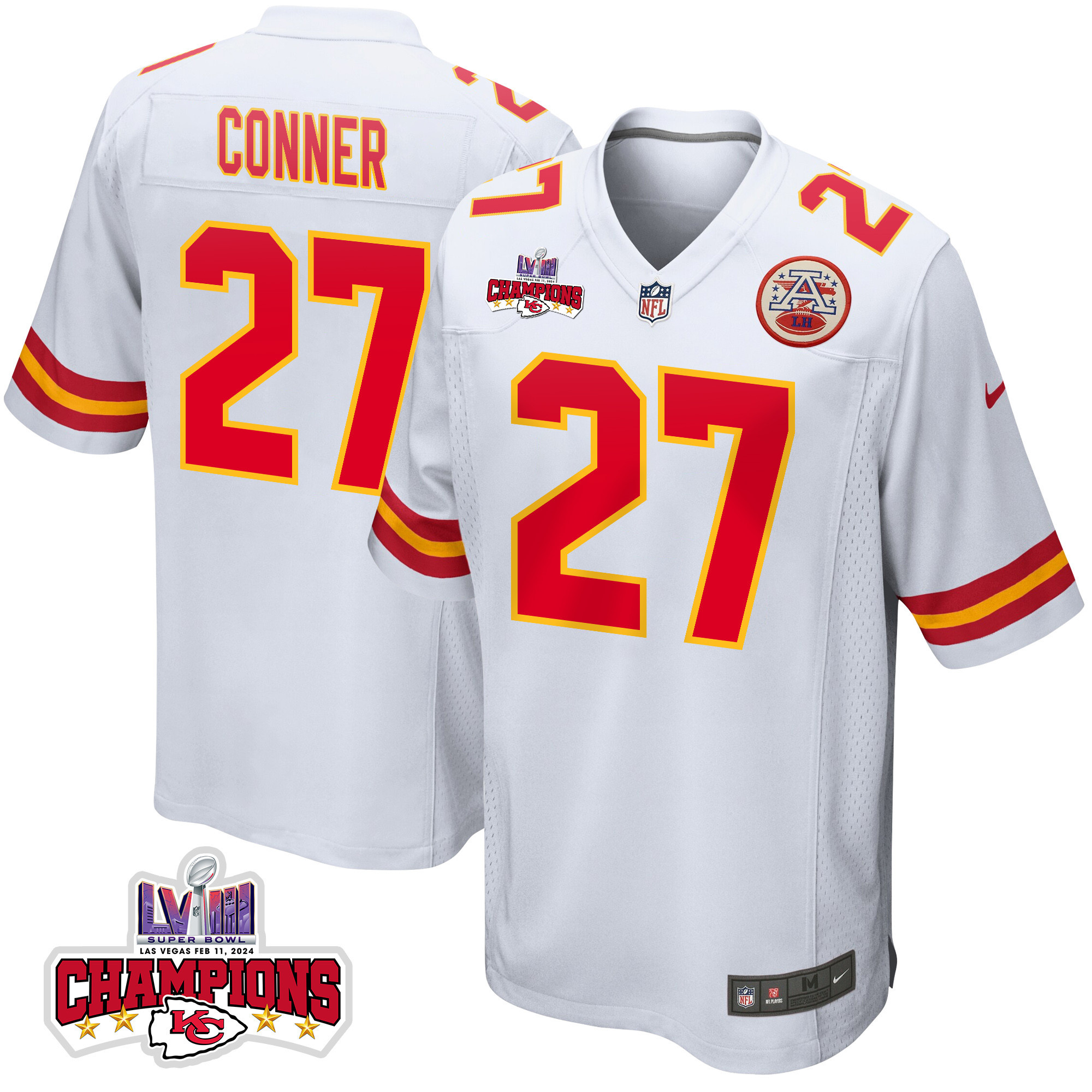 Chamarri Conner 27 Kansas City Chiefs Super Bowl LVIII Champions 4 Stars Patch Game White NFL Jersey Men's