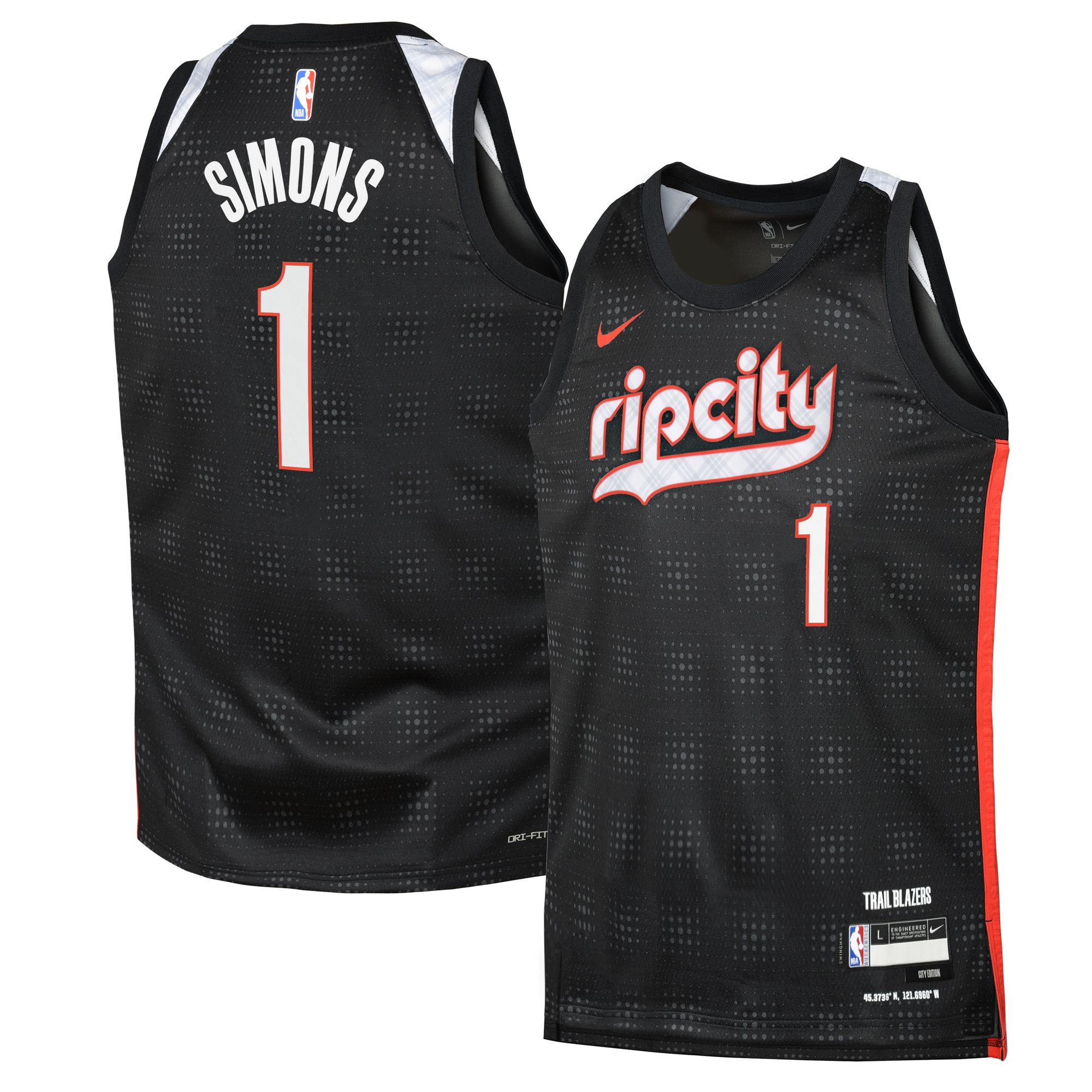 Camiseta City Edition Swingman de los Portland Trail Blazers 2024 Negro Anfernee Simons Juvenil NBA Jersey Men's