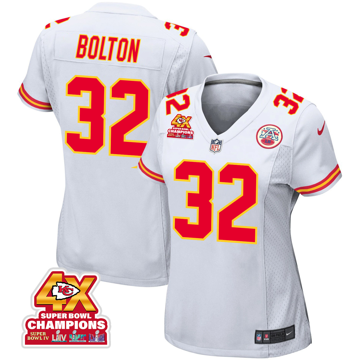 Nick Bolton 32 Kansas City Chiefs Super Bowl LVIII Champions 4X Game White NFL Jersey Women's