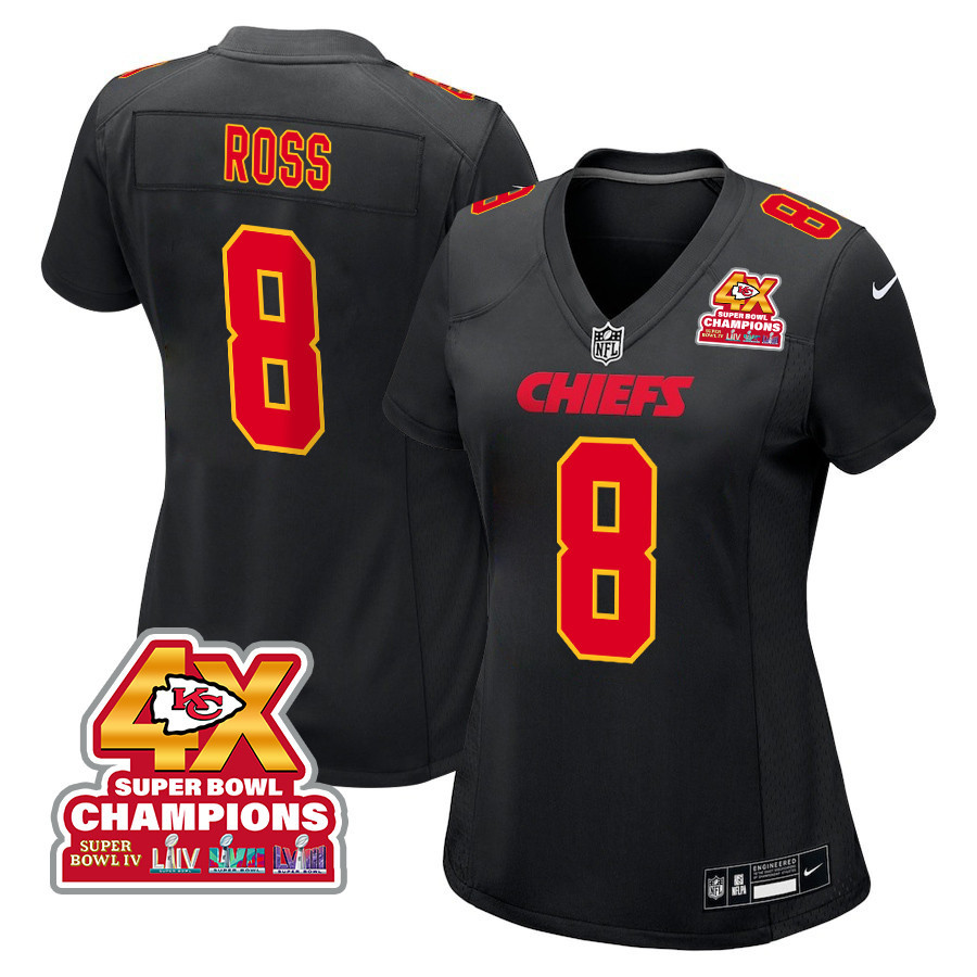 Justyn Ross 8 Kansas City Chiefs Super Bowl LVIII Champions 4X Fashion Game Carbon Black NFL Jersey Women's