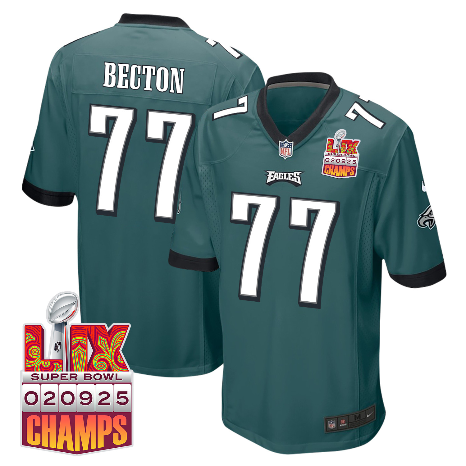 Mekhi Becton 77 Philadelphia Eagles Super Bowl LIX Champions Patch Game Midnight Green NFL Jersey Men's
