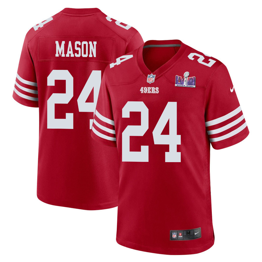 Jordan Mason 24 San Francisco 49ers Super Bowl LVIII Patch Game Scarlet NFL Jersey Men's