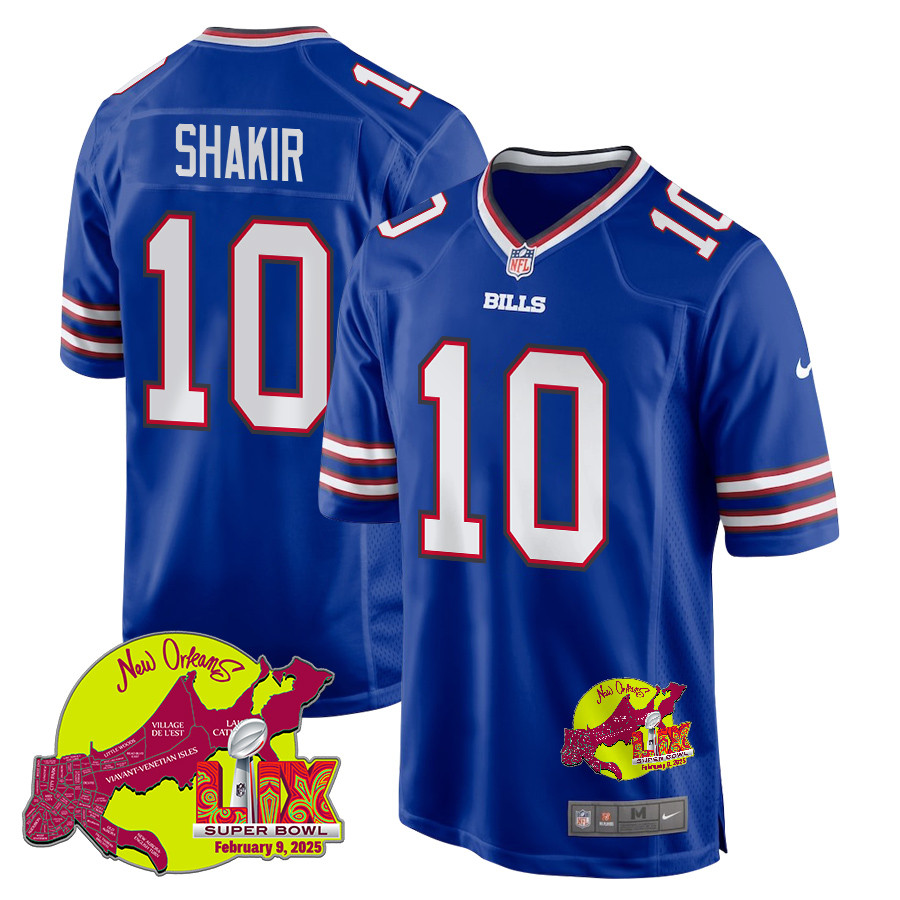 Khalil Shakir 10 Buffalo Bills Super Bowl LIX New Orleans Patch Game Royal NFL Jersey Men's