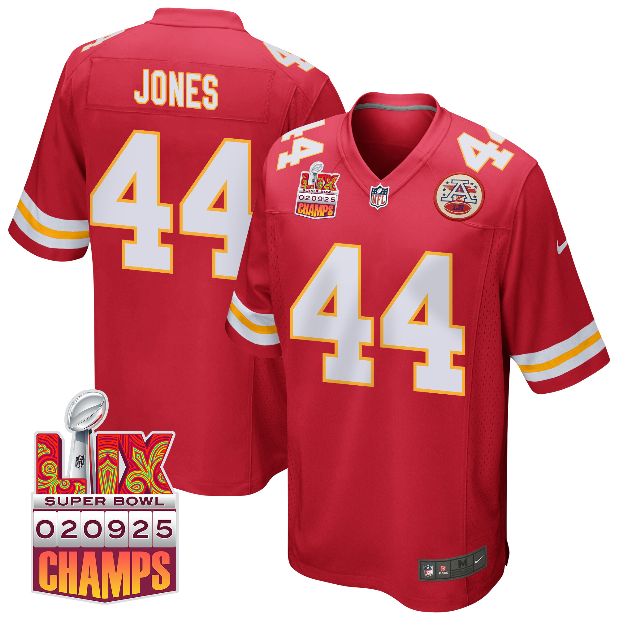 Cam Jones 44 Kansas City Chiefs Super Bowl LIX Champions Patch Game Red NFL Jersey Men's