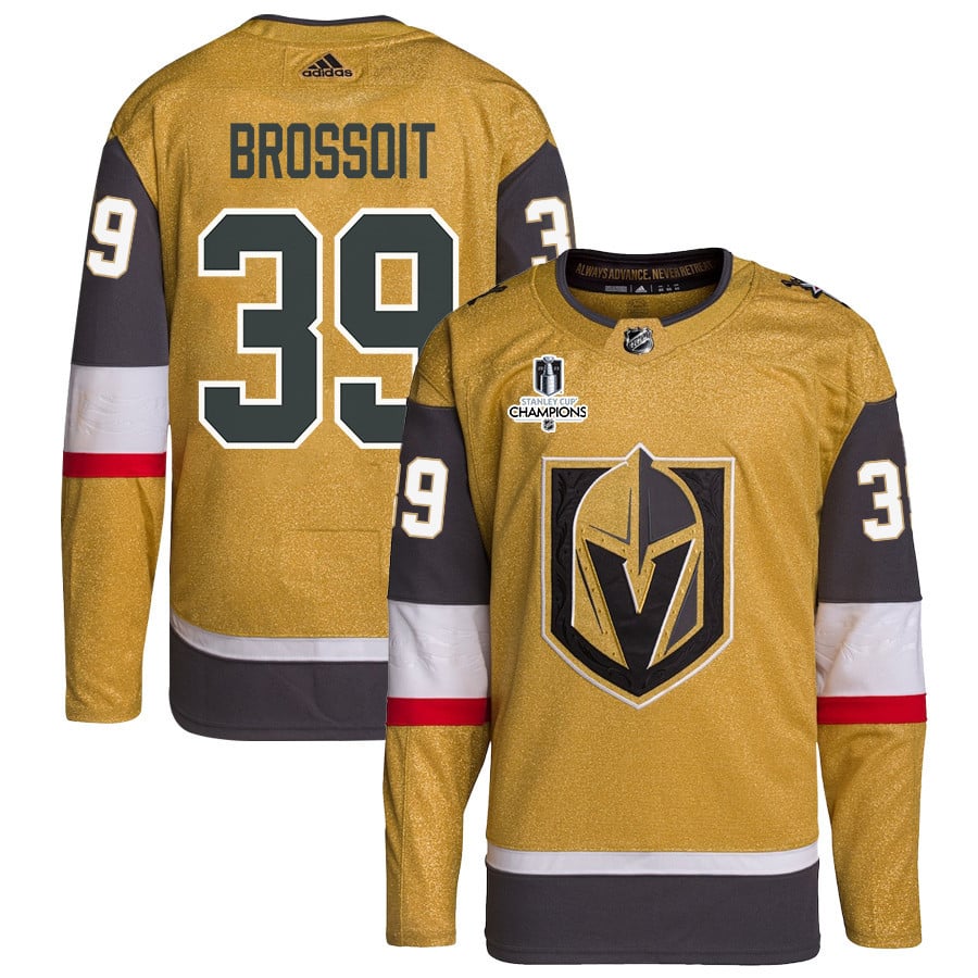 Laurent Brossoit 39 Vegas Golden Knights Stanley Cup 2023 Champions Patch Home Breakaway Gold NHL Jersey Men's