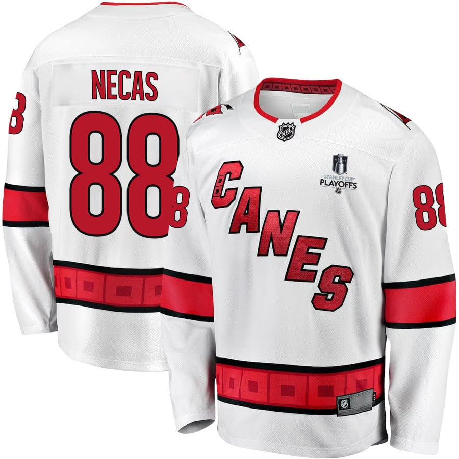 Martin Necas 88 Carolina Hurricanes Stanley Cup 2023 Playoffs Patch Away Breakaway White NHL Jersey Men's