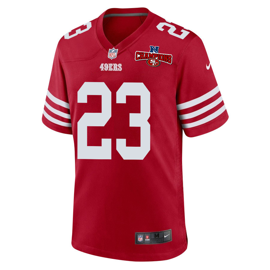 Christian McCaffrey 23 San Francisco 49ers NFC Champions Patch Game Scarlet NFL Jersey Men's
