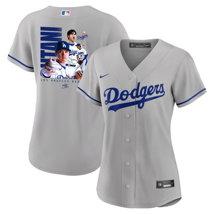 Shohei Ohtani 17 Los Angeles Dodgers Signed Name 2023 Road Gray MLB Jersey Women's