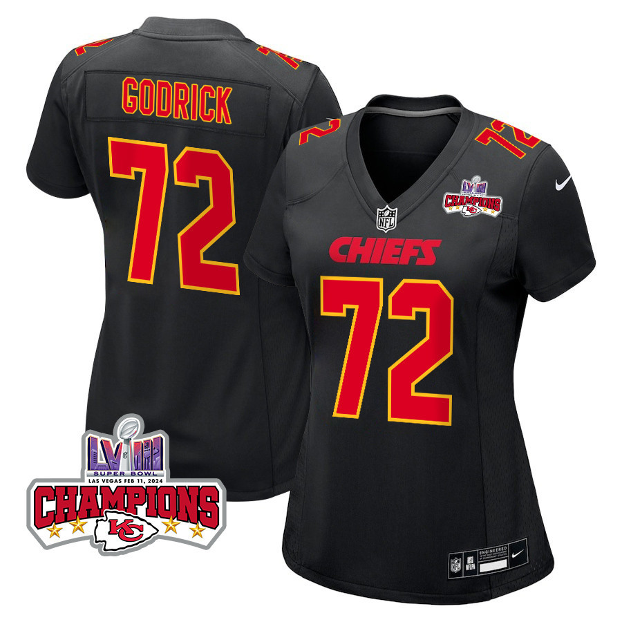 Chukwuebuka Godrick 72 Kansas City Chiefs Super Bowl LVIII Champions 4 Stars Patch Fashion Game Carbon Black NFL Jersey Women's