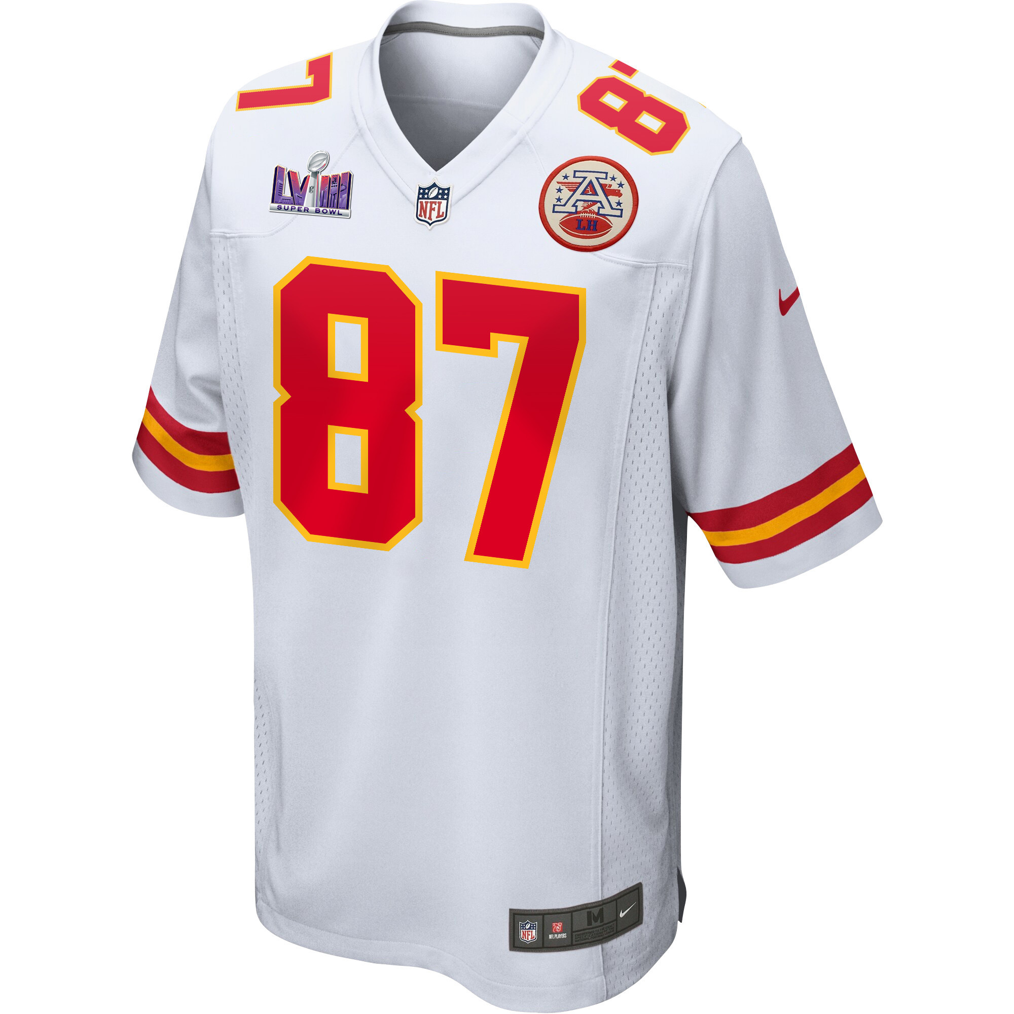 Travis Kelce 87 Kansas City Chiefs Super Bowl LVIII Patch Game White NFL Jersey Men's