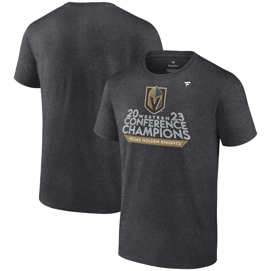 Vegas Golden Knights 2023 Western Conference Champions Locker Room T-Shirt Heather Charcoal NHL Jersey Men's