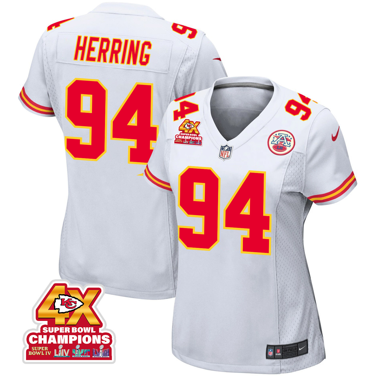 Malik Herring 94 Kansas City Chiefs Super Bowl LVIII Champions 4X Game White NFL Jersey Women's
