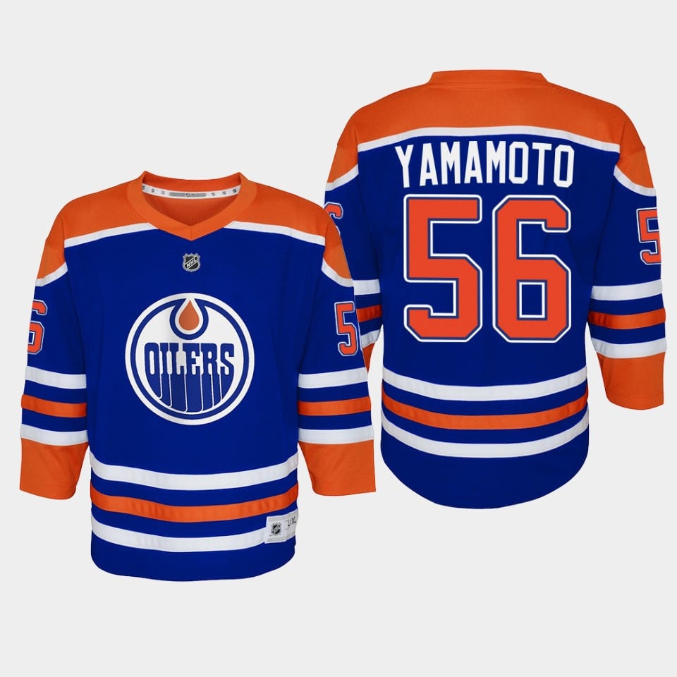 Edmonton Oilers Kailer Yamamoto 56 Home Player 2022-23 Royal NHL Jersey Youth